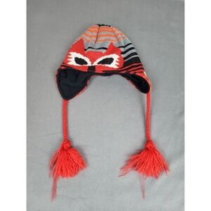 Columbia Fox Face‎ Beanie Kid Small Striped Orange Ear Flap Skull Cap Ha Pom Pom